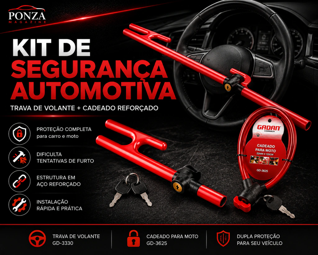 Kit Segurança Automotiva Gadan - Trava de Volante + Cadeado para Moto