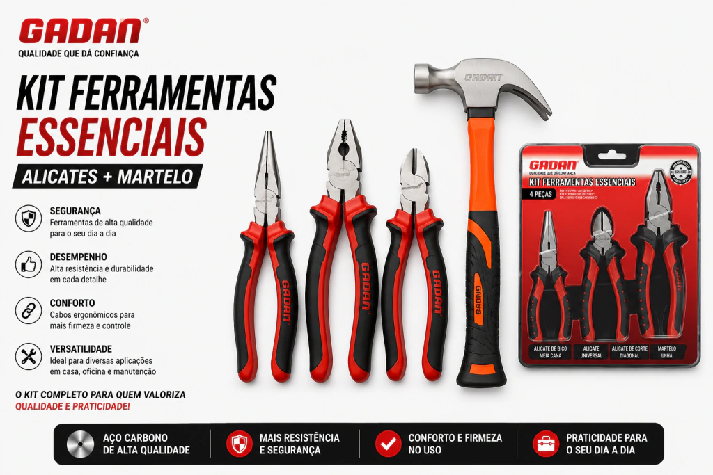 Kit Ferramentas Automotivas Essenciais Gadan - 3 Alicates + Martelo Magnético