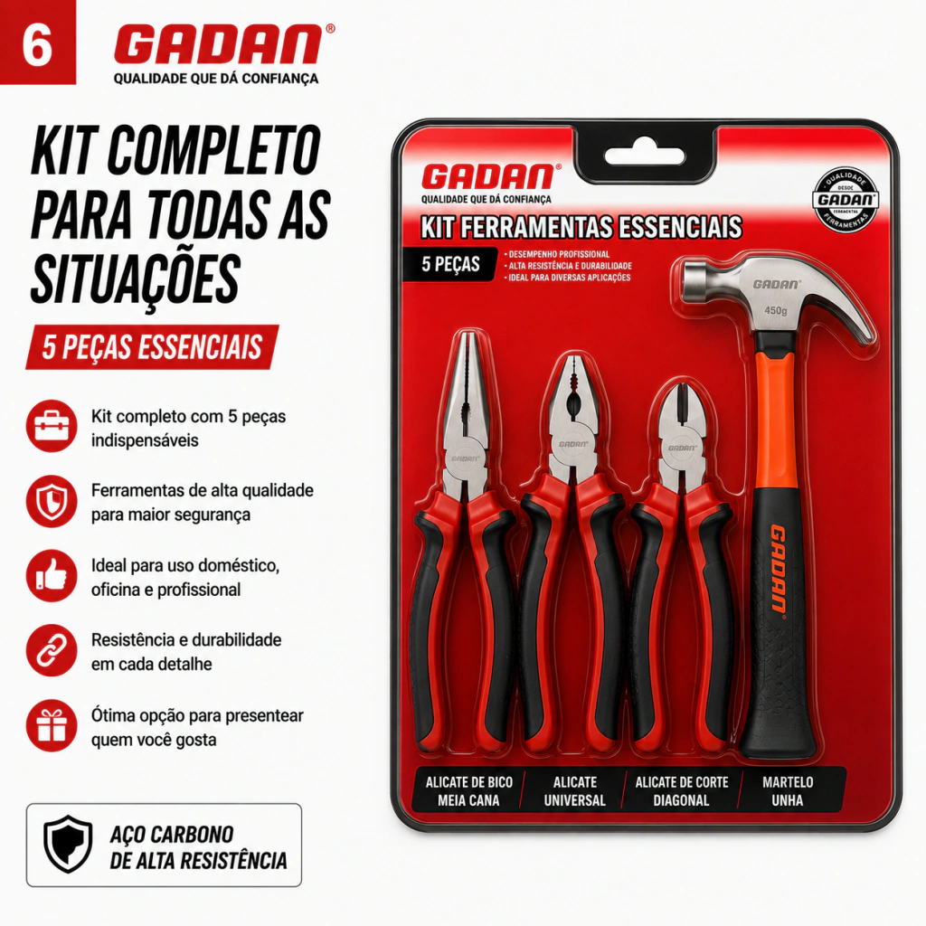 Kit Ferramentas Automotivas Essenciais Gadan - 3 Alicates + Martelo Magnético - Imagem 6