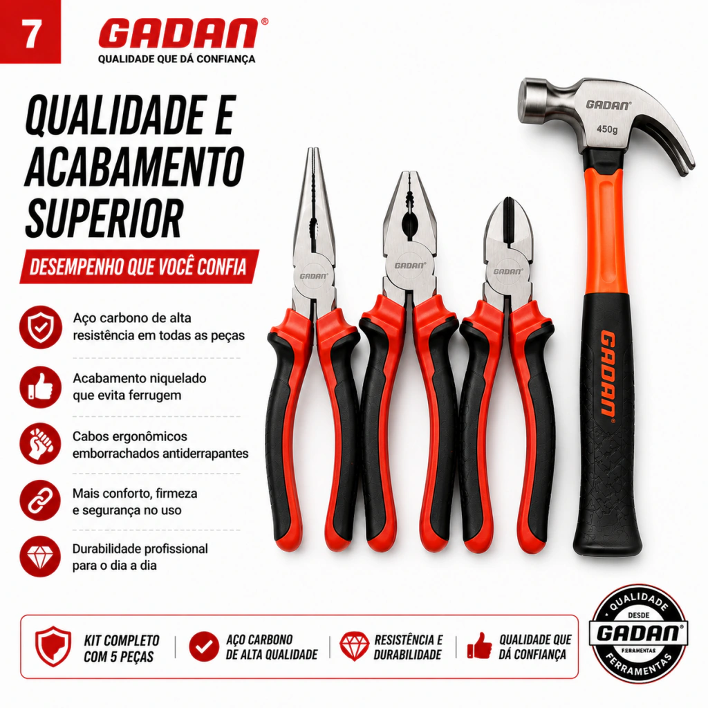 Kit Ferramentas Automotivas Essenciais Gadan - 3 Alicates + Martelo Magnético - Imagem 7