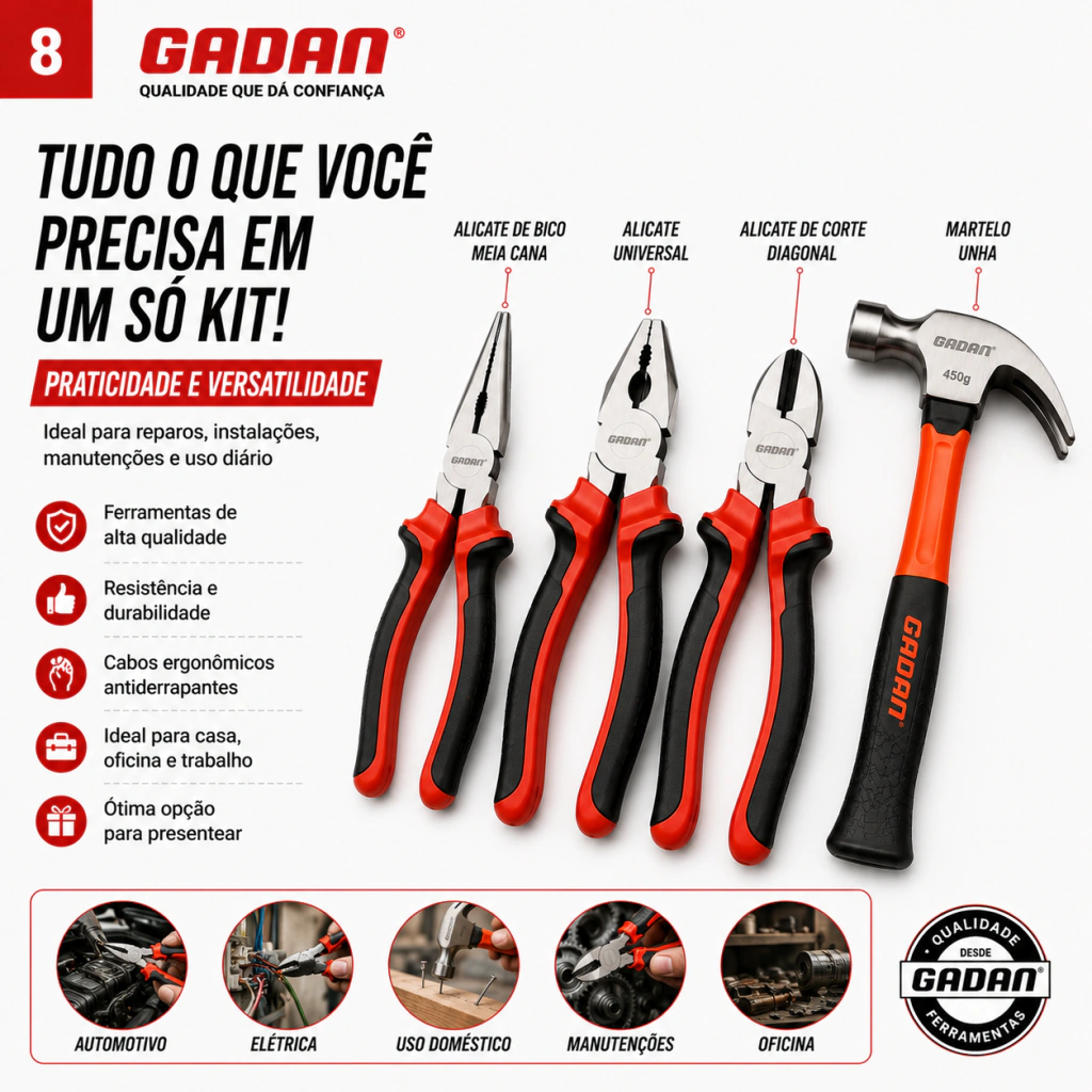 Kit Ferramentas Automotivas Essenciais Gadan - 3 Alicates + Martelo Magnético - Imagem 8